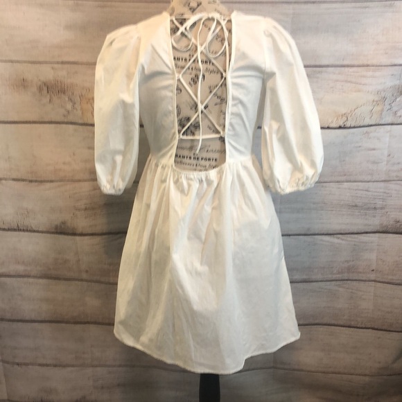 WAYF Dress Lace-Up Back Puff Sleeves Babydoll Mini White Cotton Size Small - Picture 3 of 12